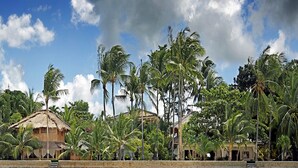 A beachfront property with clear turquoise water, palm trees, and thatched-roof buildings. - Les Maisons D'itac (Ronda)