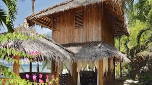 A wooden bungalow with thatched roofs, surrounded by palm trees and a beach. - Les Maisons D'itac (Ronda)