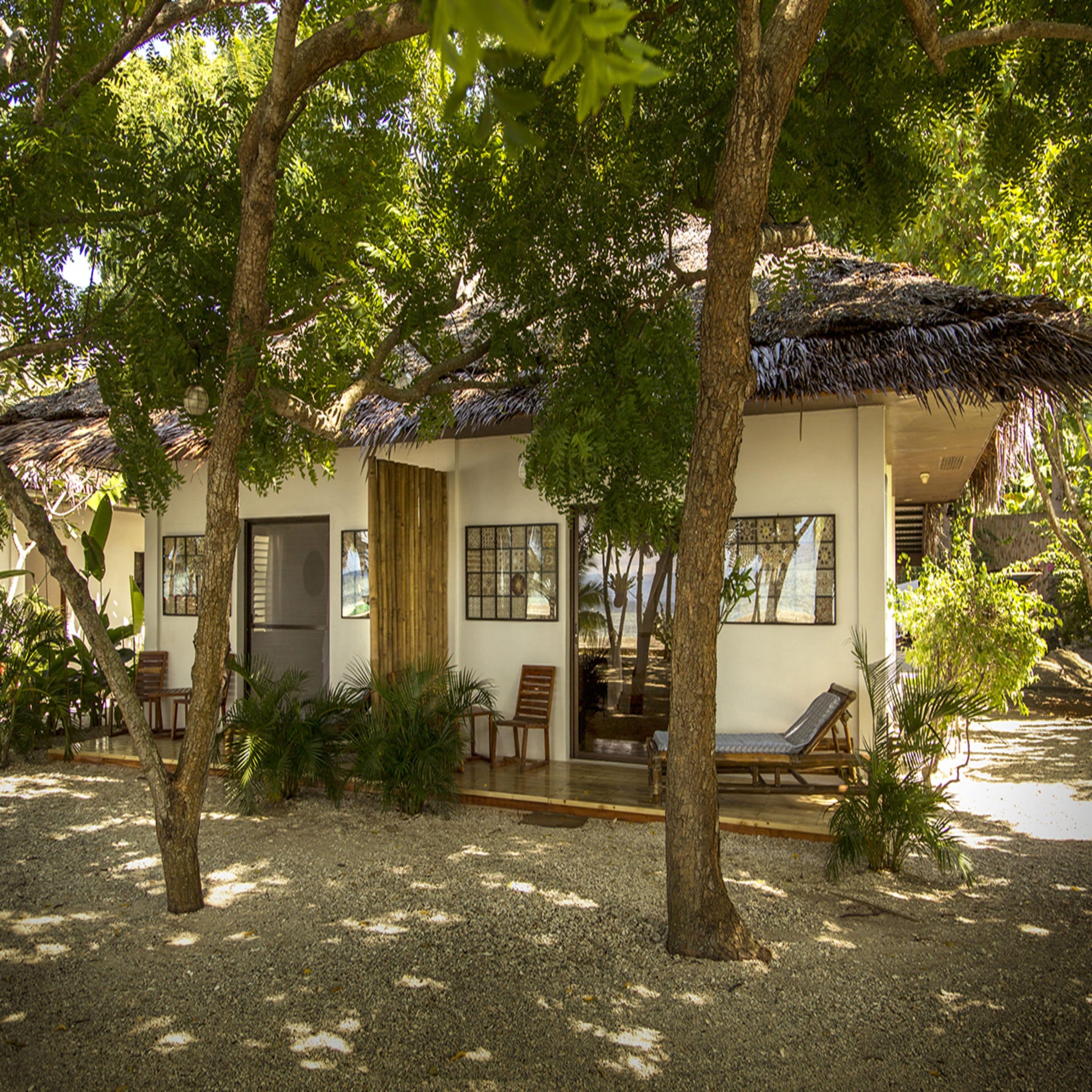 A bungalow with a thatched roof, surrounded by trees and a gravel path.
