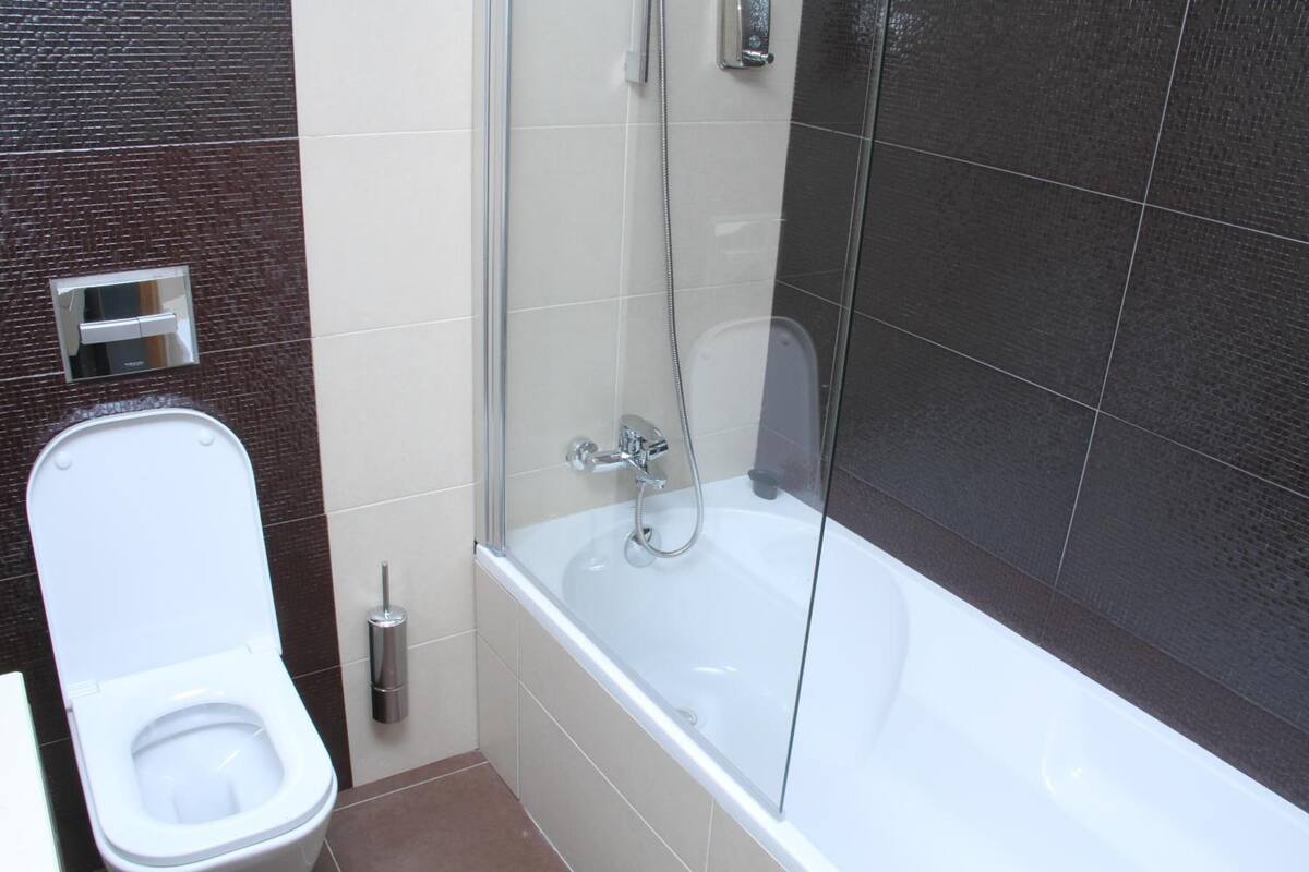 bathtub, free toiletries, hair dryer, towels