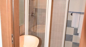 Shower, free toiletries, hair dryer, bidet