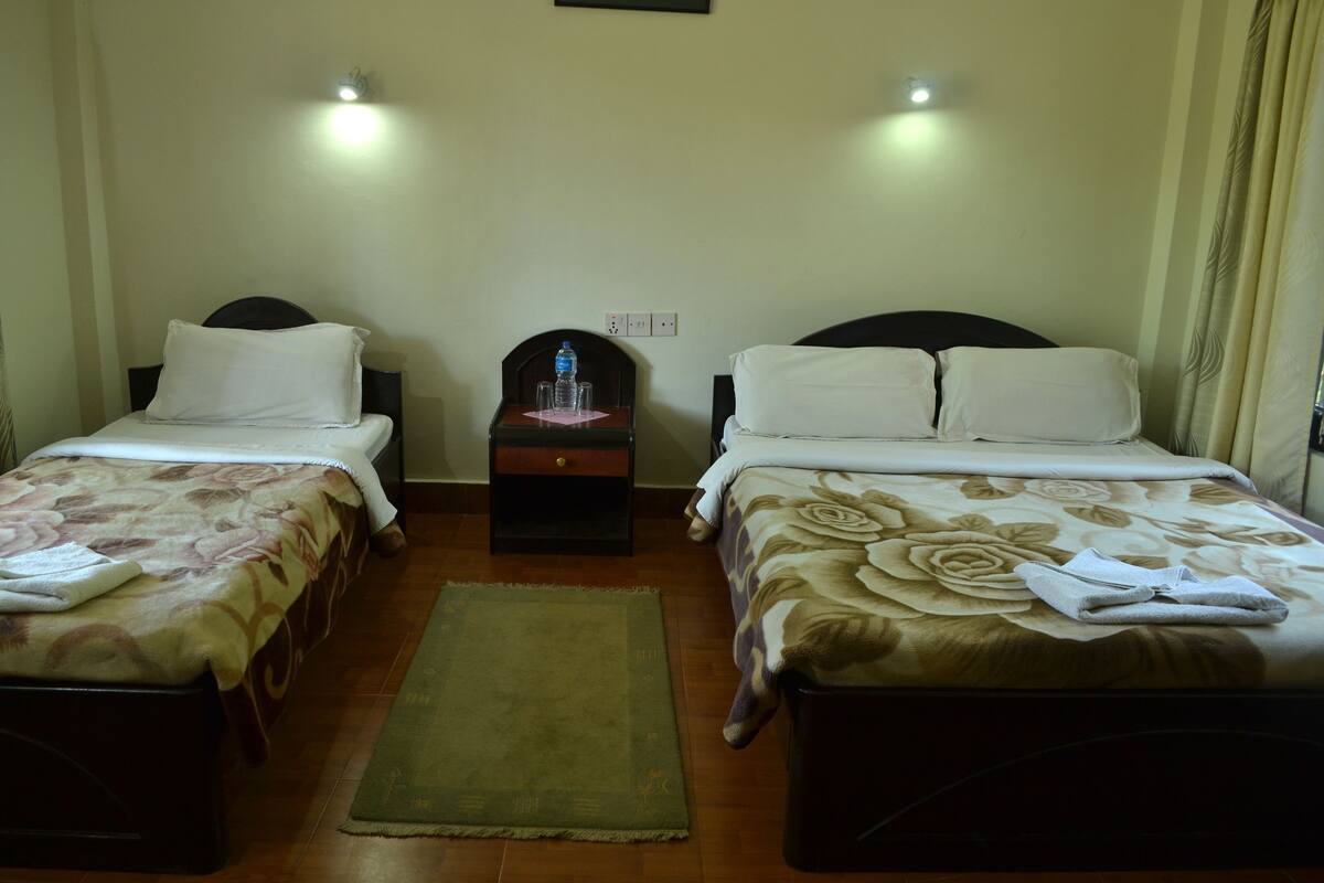 A hotel room with two single beds, a nightstand with a water bottle, and a green rug.