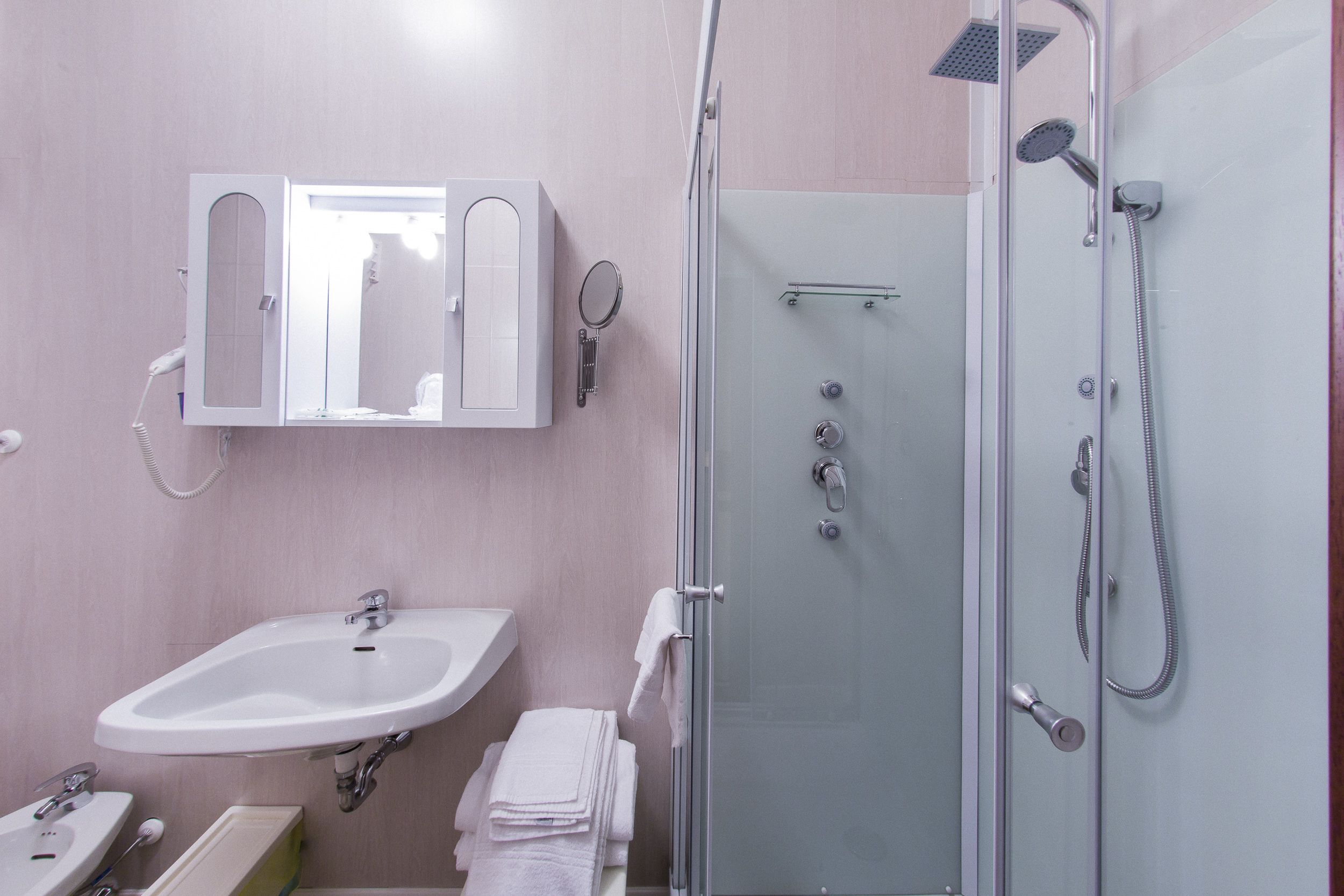 Un baño con ducha de vidrio, lavamanos y un armario para espejo.