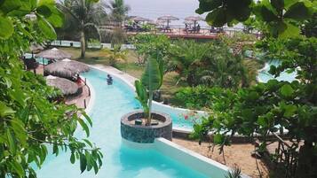 5 outdoor pools, open 10:00 AM to 8:00 PM, pool umbrellas, sun loungers