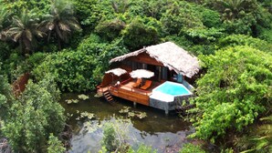 An overwater bungalow with a thatched roof, a pool, and a wooden deck with lounge chairs. - Libassa Ecolodge (Marshall)