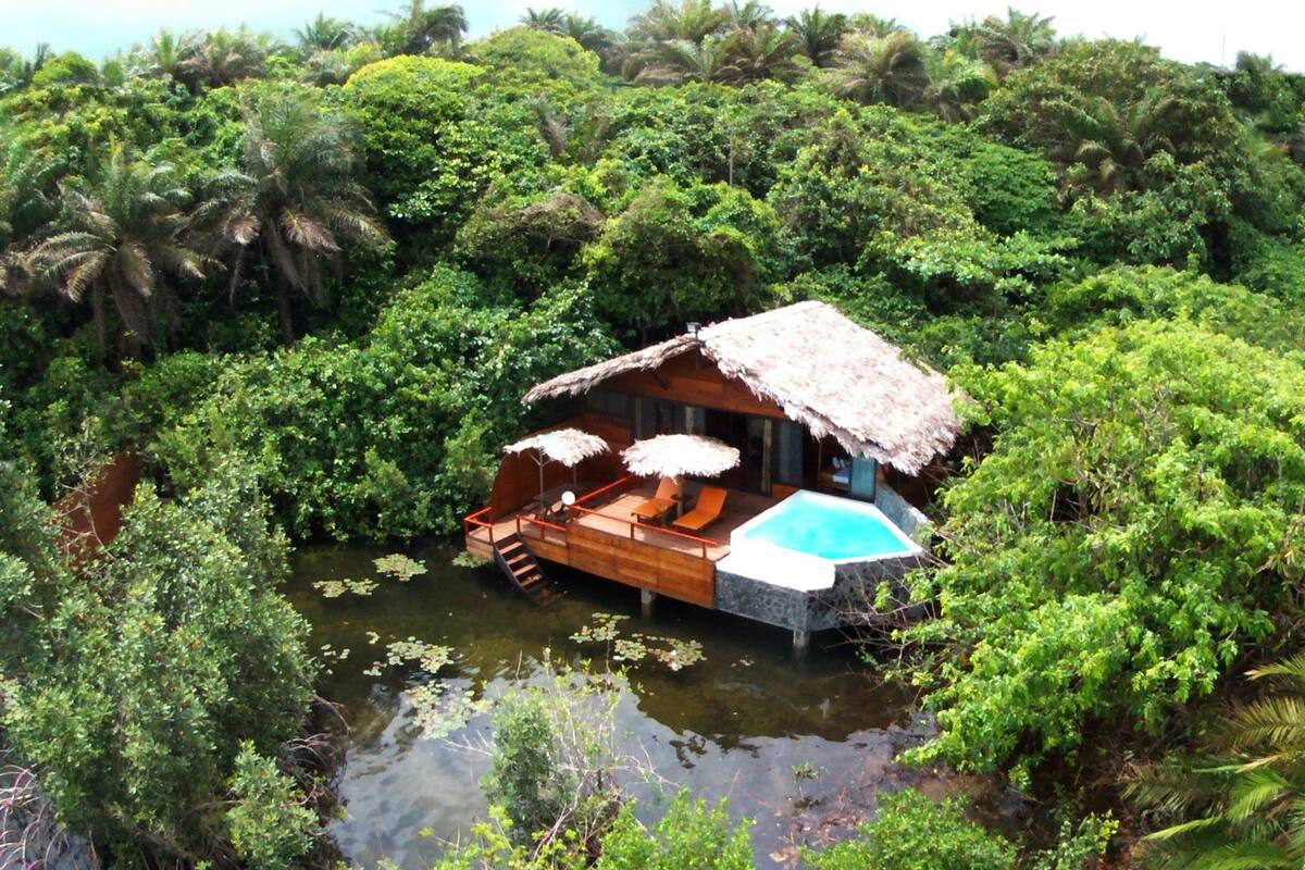 An overwater bungalow with a thatched roof, a pool, and a wooden deck with lounge chairs.