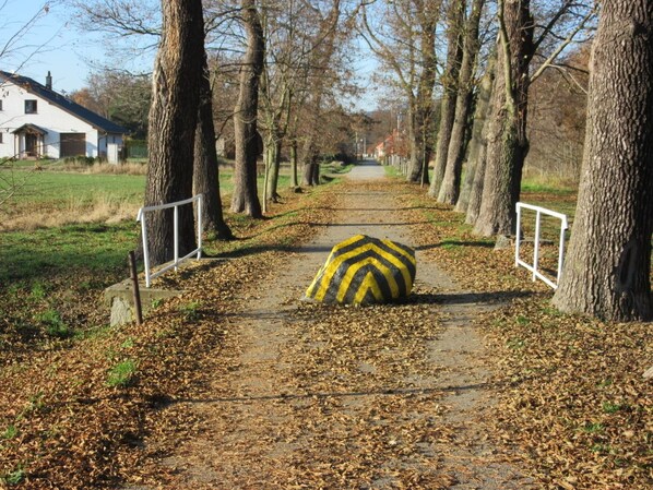 A pathway lined with trees and a yellow bollard in the center. - Penzion Panský Dům (Rozmital pod Tremsinem)