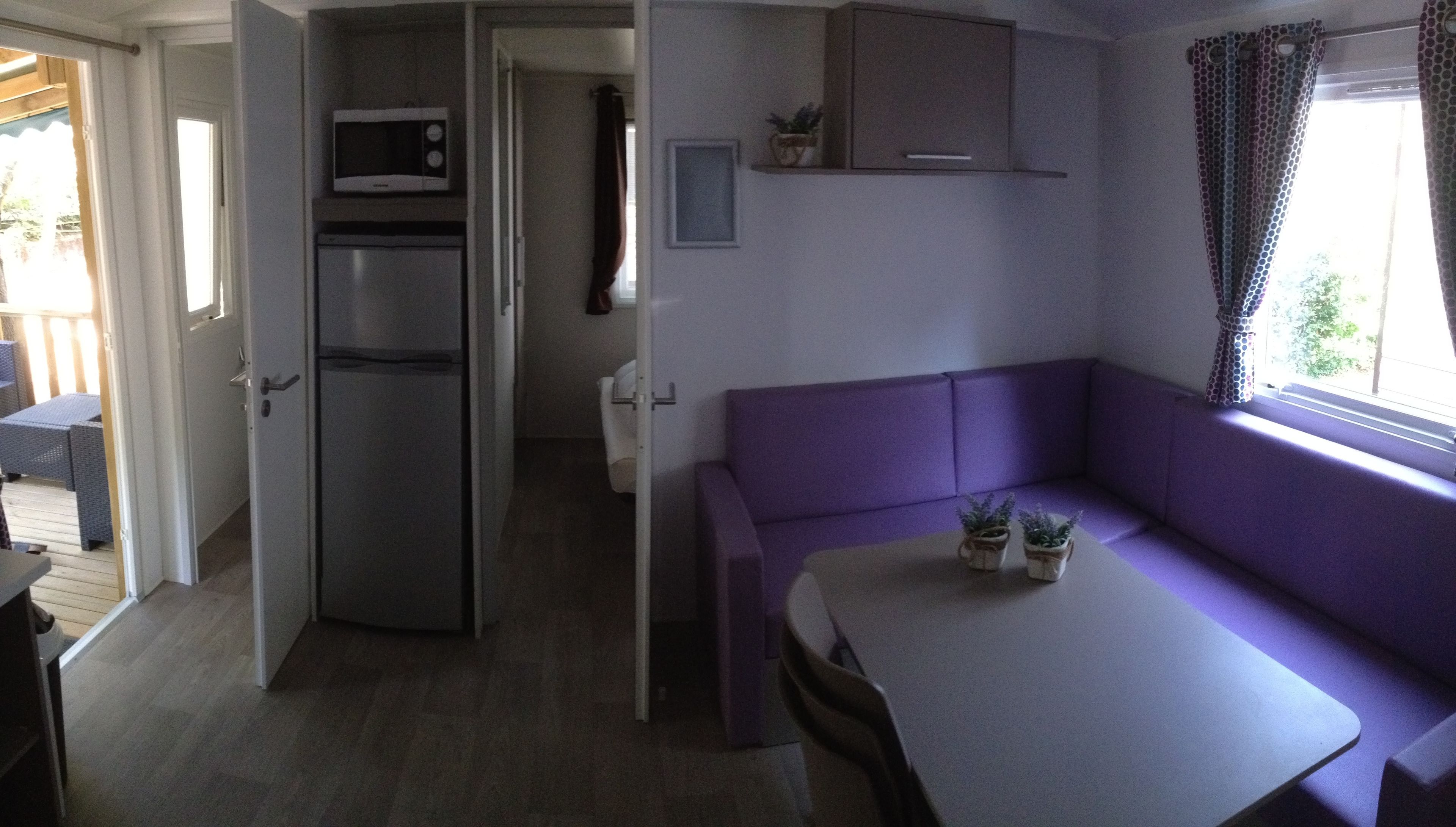 A compact kitchenette with a microwave, refrigerator, and a small cabinet. There's a purple sofa and a table with two potted plants.