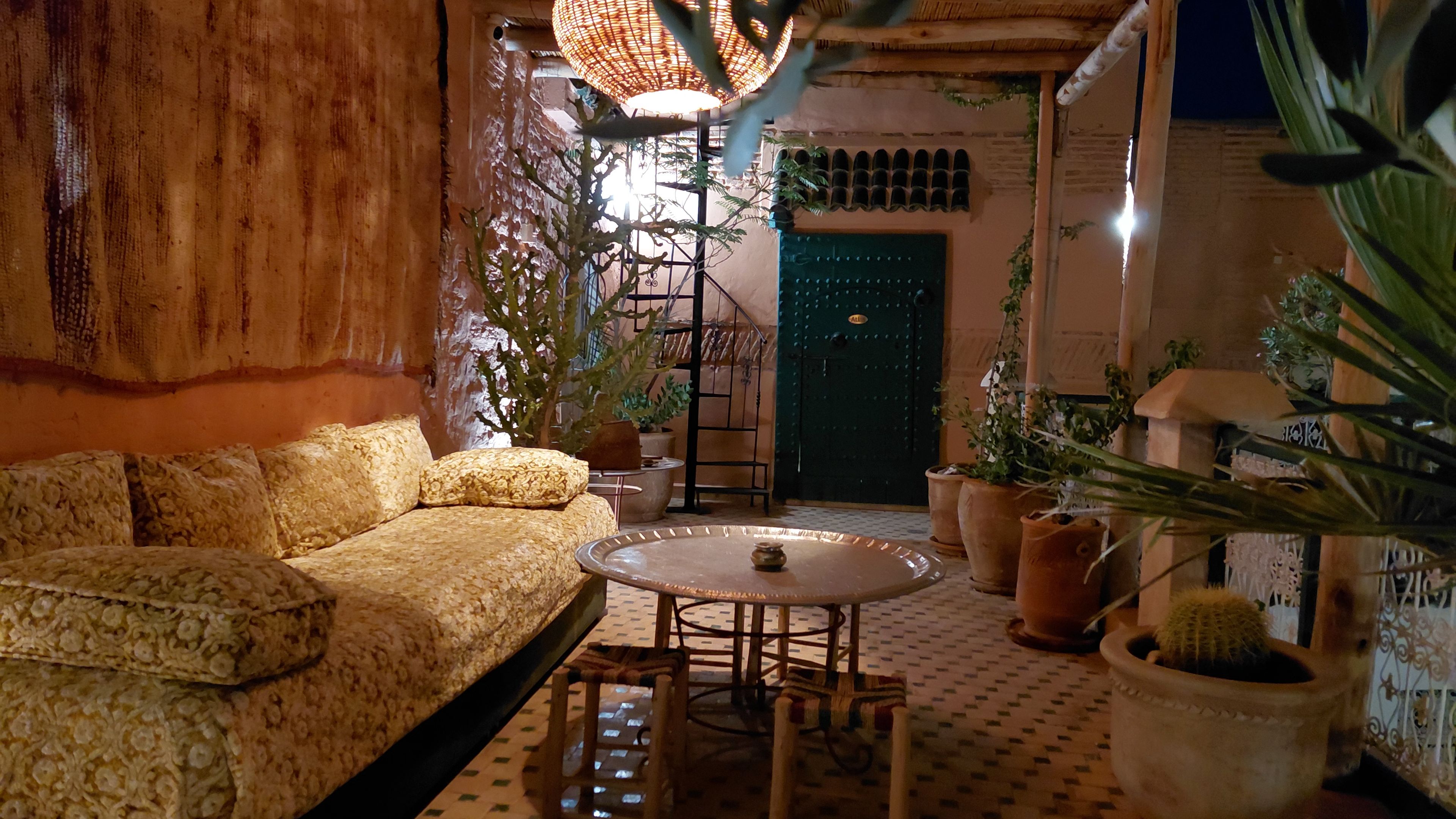 A cozy interior with a patterned sofa, a round table, and potted plants.
