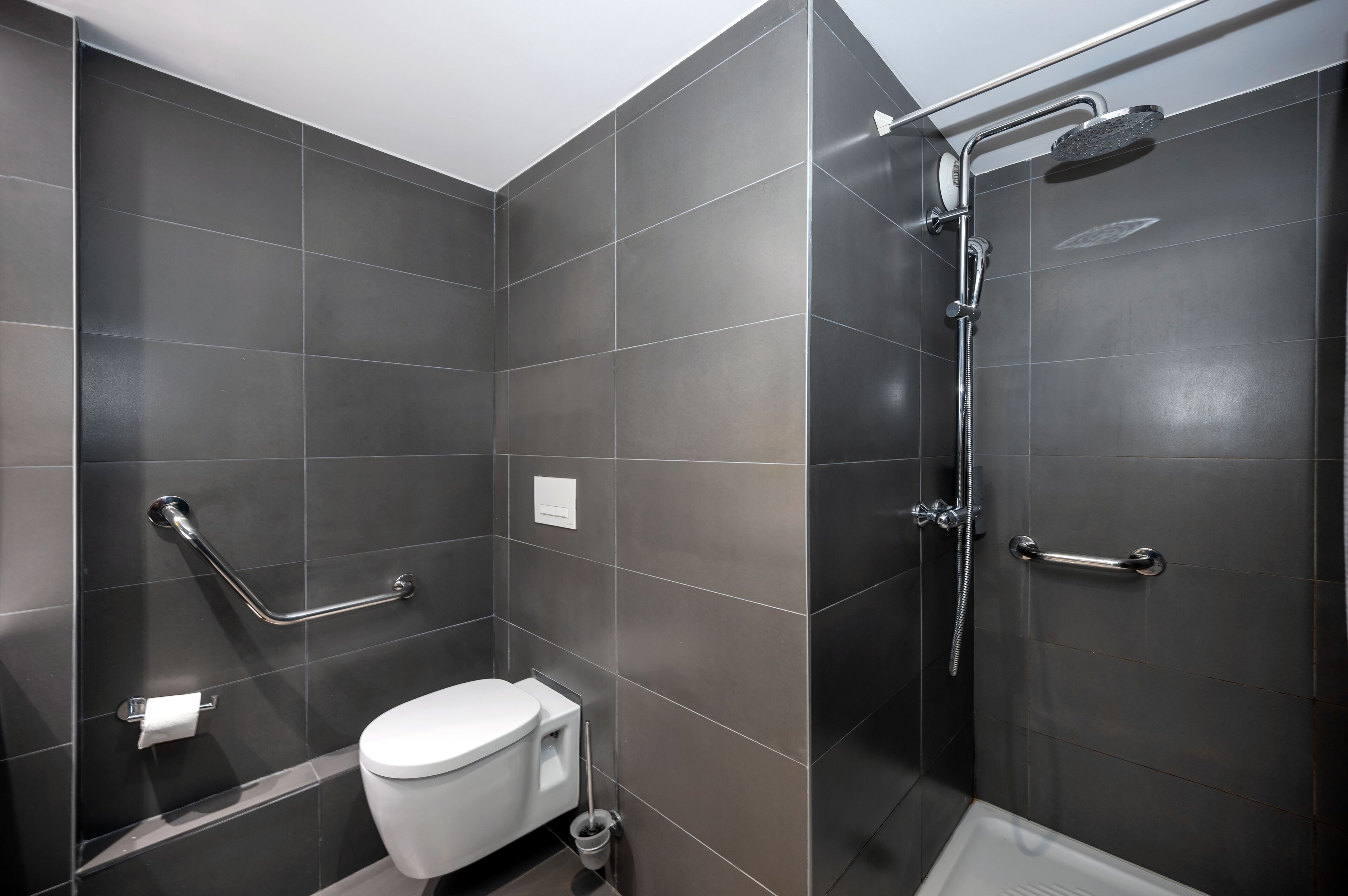 Un baño moderno con inodoro, barras de apoyo, ducha y bidé.
