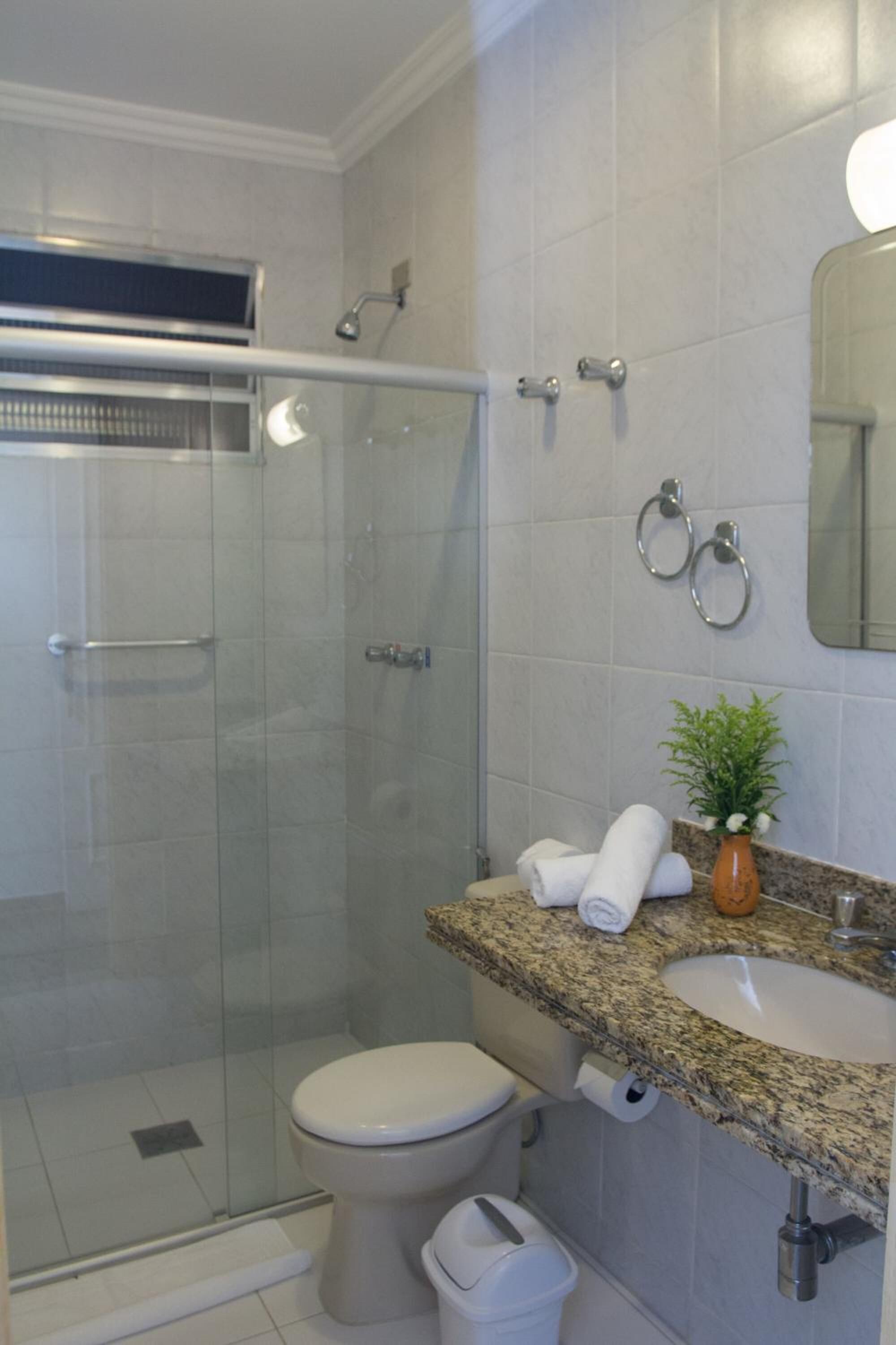 Shower, free toiletries, hair dryer, towels
