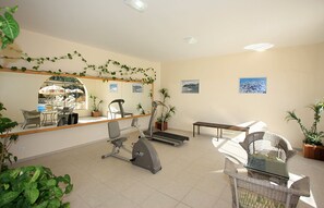Une salle de sport équipée de matériel d’exercice, d’un miroir et de plantes en pot.
