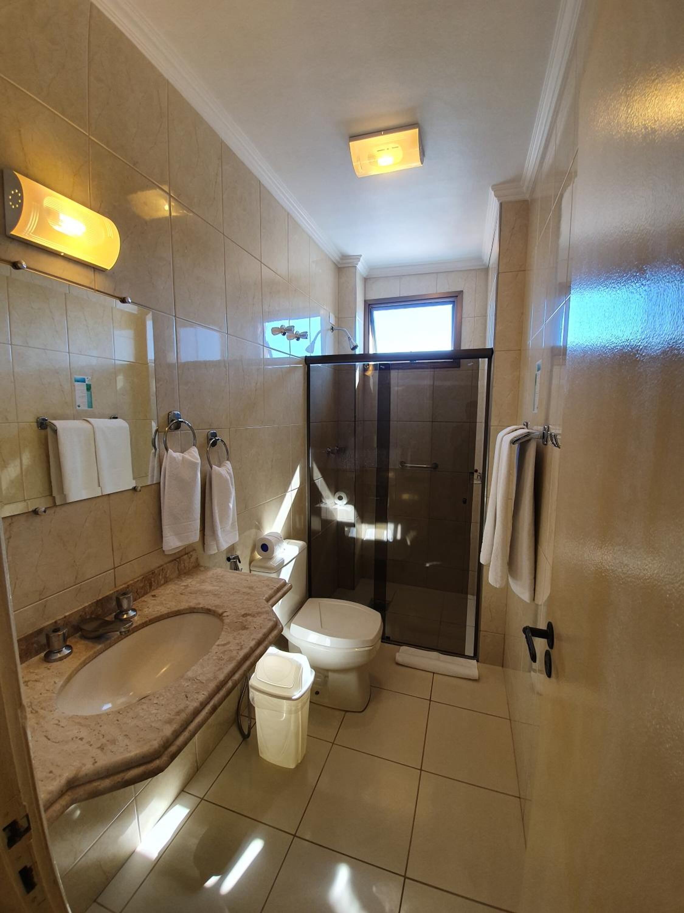 shower, free toiletries, hair dryer, towels