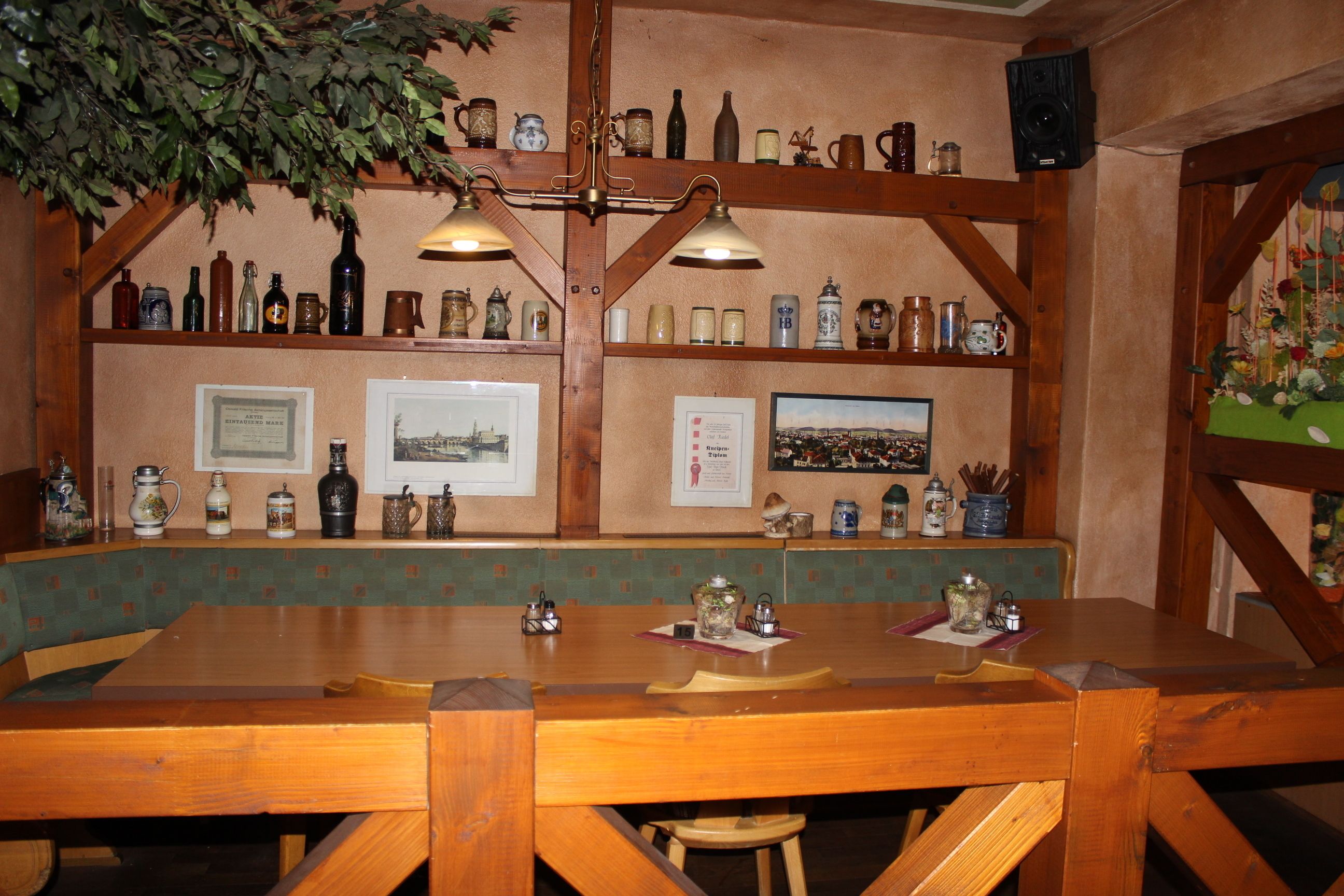 Un comptoir en bois, avec des étagères remplies de bouteilles et de verres, des tableaux encadrés accrochés au mur et une plante suspendue.