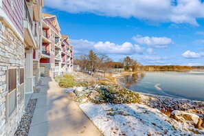 Hotel offers serene views of a frozen lake from its balconies.