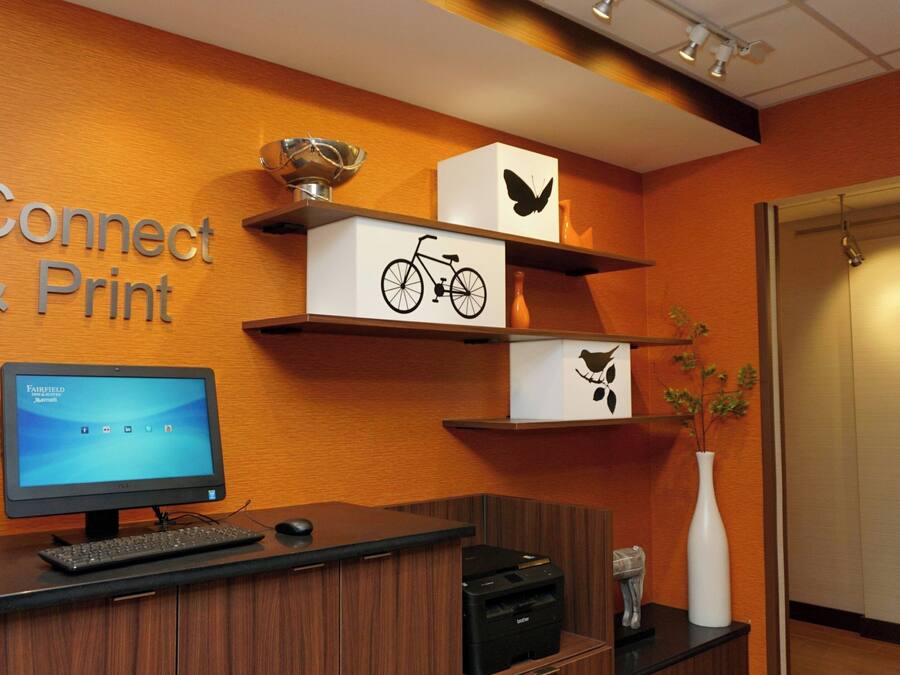 Un mostrador de recepción con monitor de computadora, teclado e impresora. Sobre el mostrador, hay estantes con adornos, incluyendo una bicicleta, una mariposa y un jarrón.