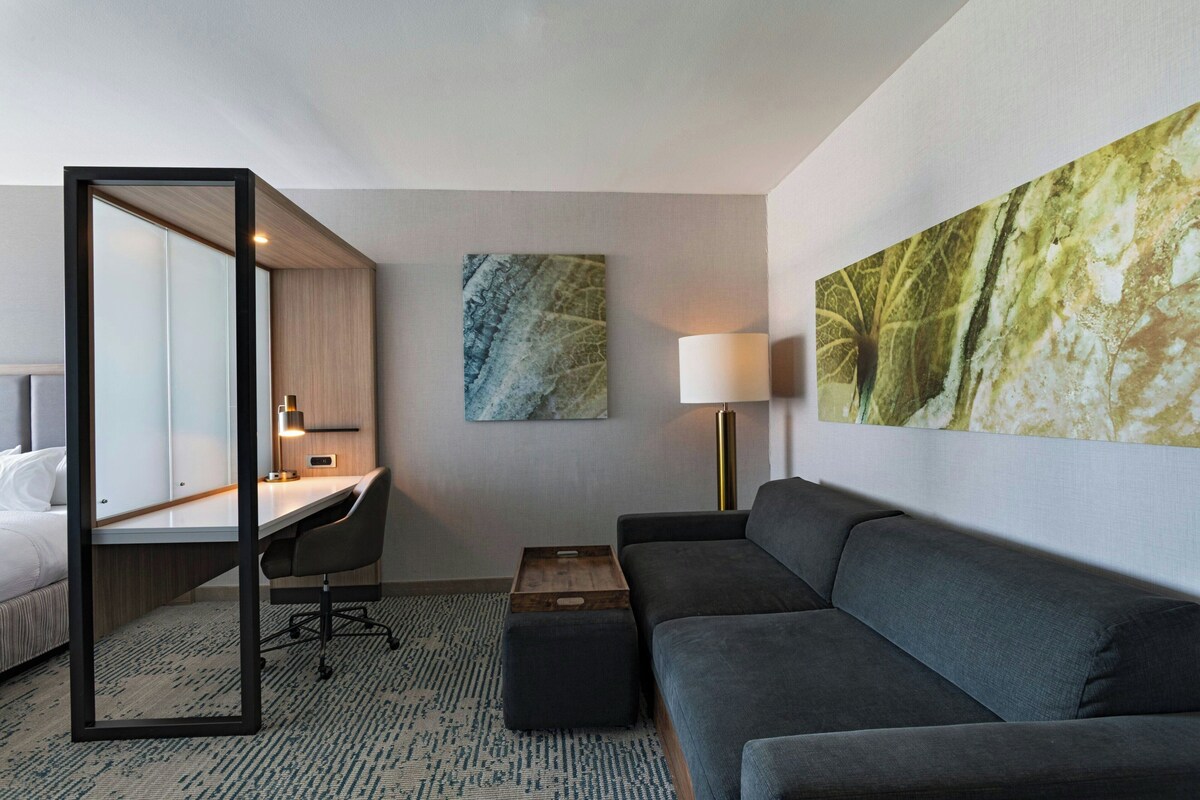 A hotel room with a bed, a desk, a sofa, and two paintings on the wall.