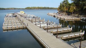 A marina with multiple docks and boats.