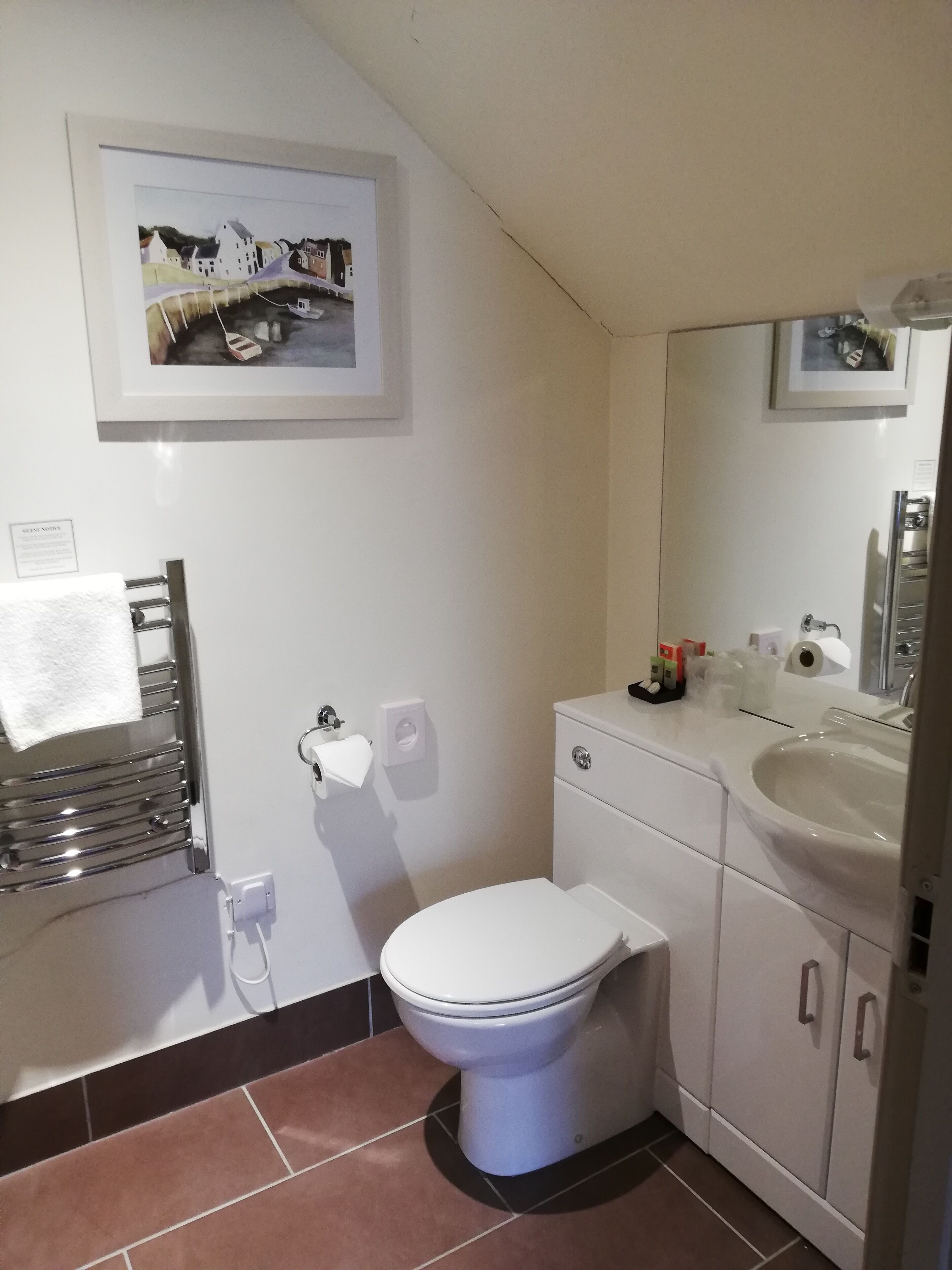 Ein kleines Badezimmer mit Toilette, Waschbecken und Handtuchhalter. Darüber hängt ein gerahmtes Bild an der Wand.