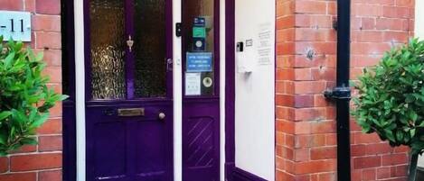 A purple door with a glass panel, a small porch area, and a dog sitting on the step.