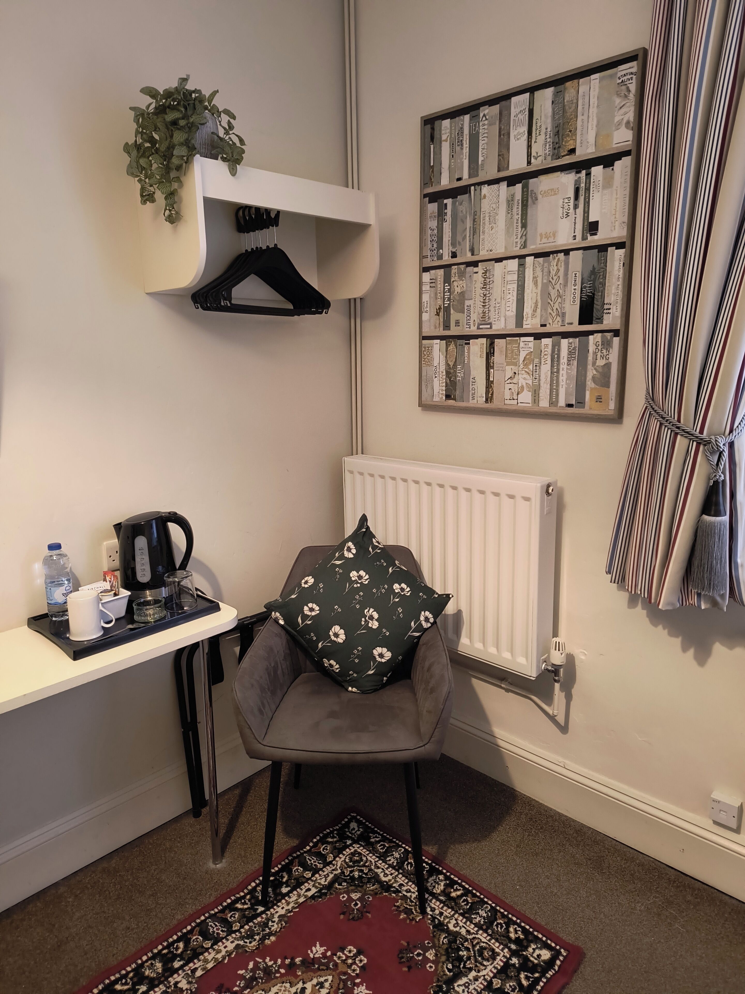 Een knus kamertje met een grijze fauteuil, een radiator, een boekenplank vol boeken, een plantje op een plank en een dienblad met een waterkoker, beker en waterfles.