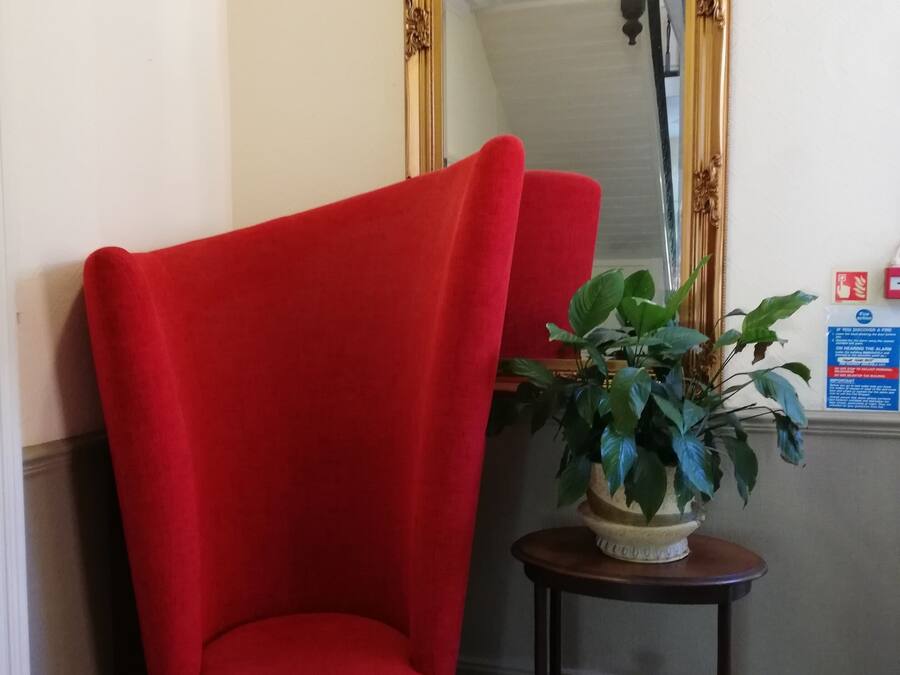 A red armchair, a potted plant, and a mirror with a gold frame in a room with patterned flooring.