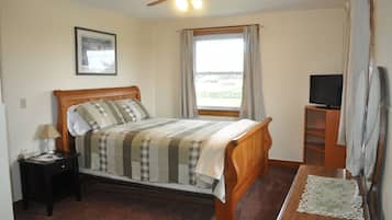 A bedroom with a wooden bed, a nightstand, a television on a stand, a ceiling fan, and a window with curtains.