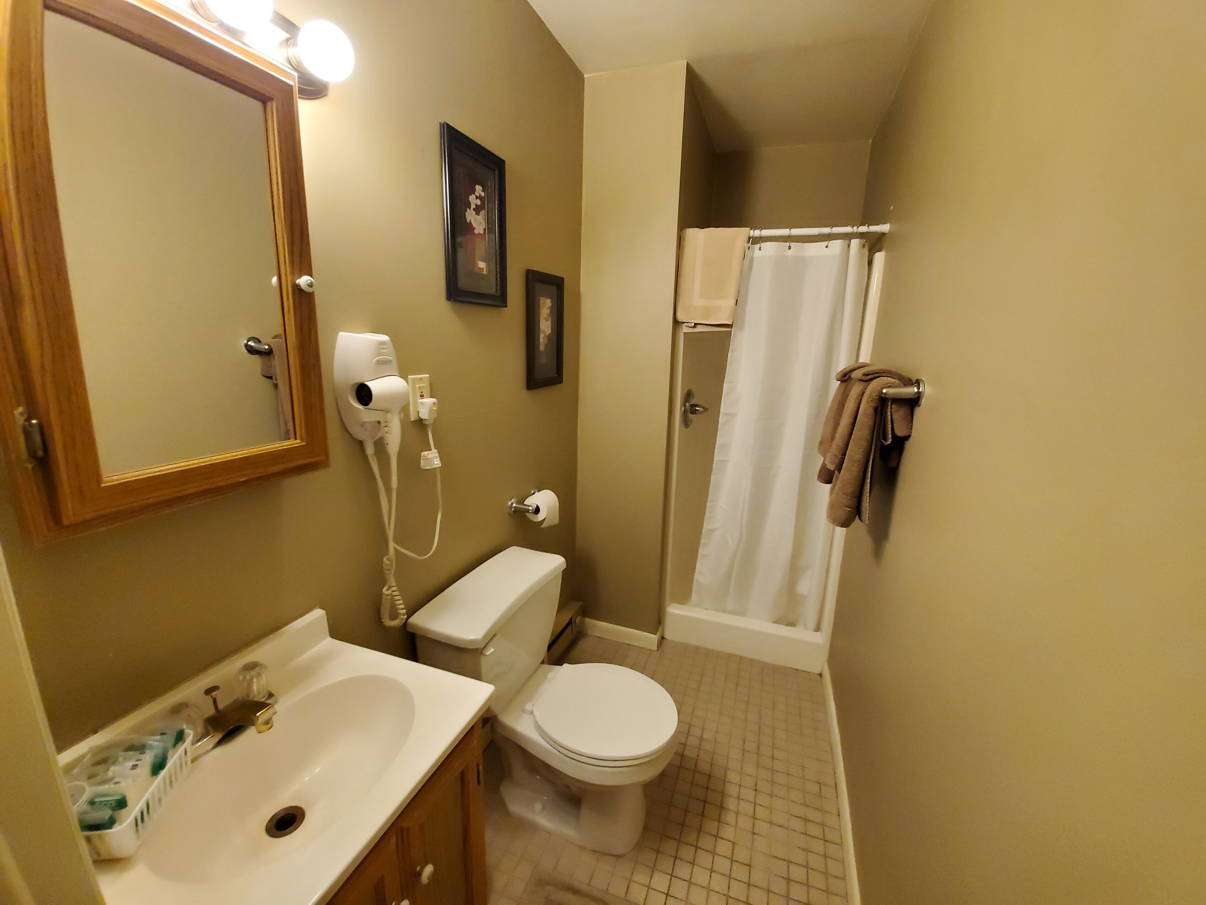 Une salle de bain équipée d’un lavabo, de toilettes et d’un espace douche.