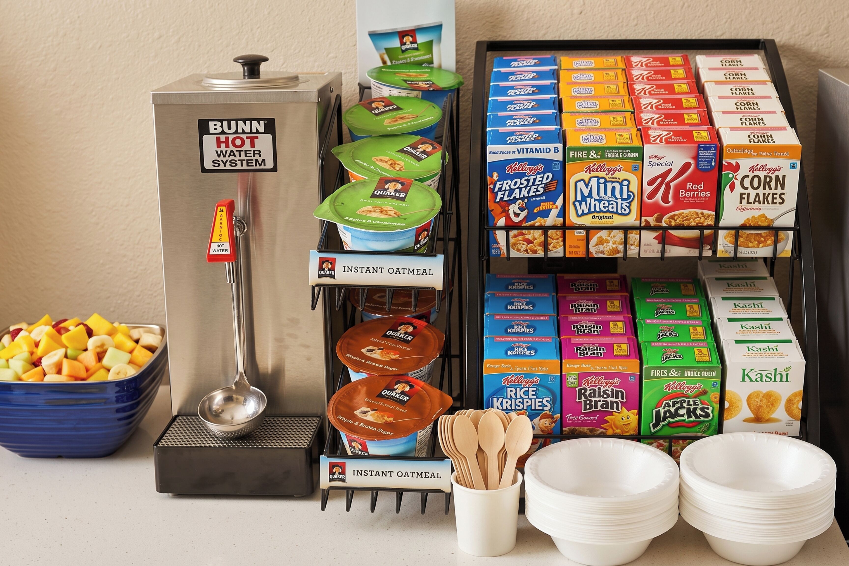 A self-serve breakfast station with instant oatmeal, various cereals, and Quaker Oats products.