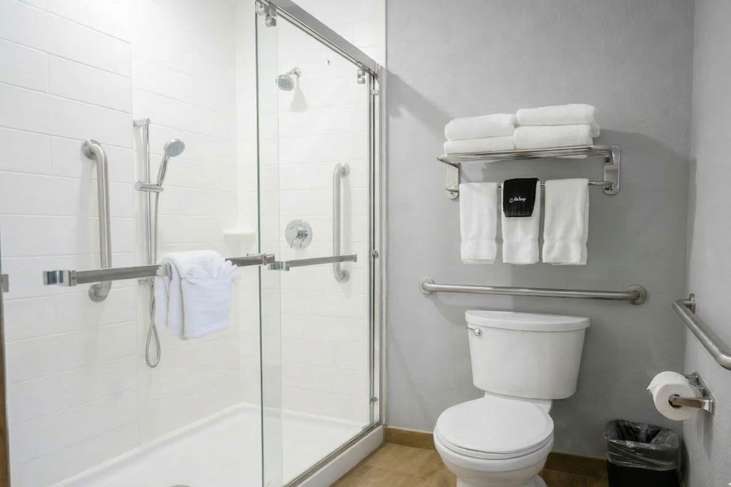 A modern bathroom with a glass shower enclosure, a white toilet, and a towel rack with folded towels.