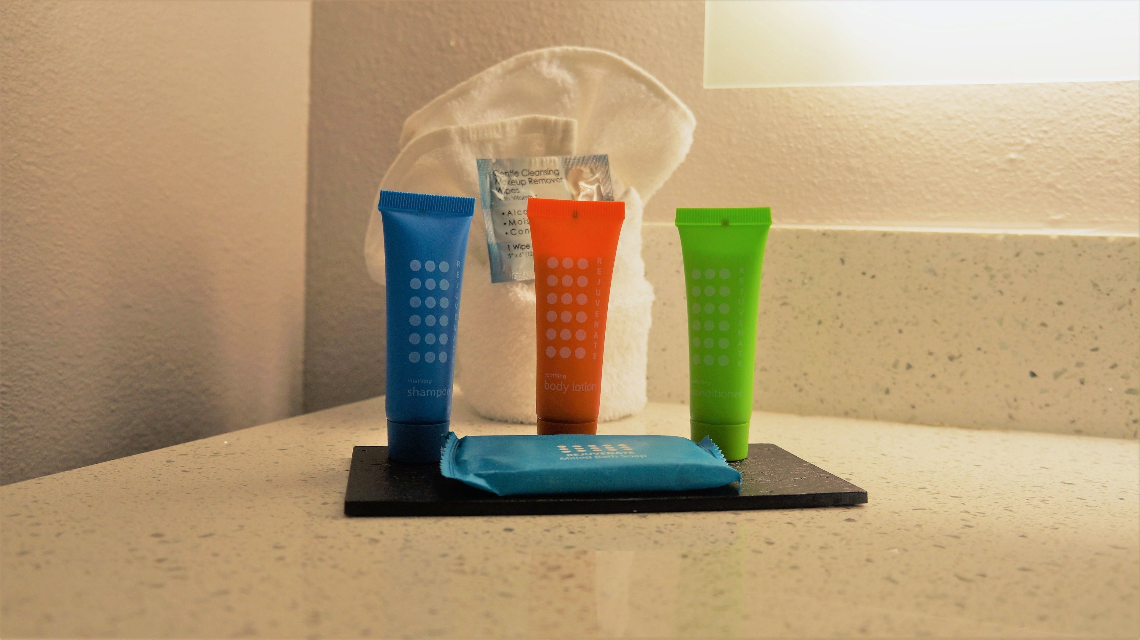 hair dryer, towels, soap, shampoo