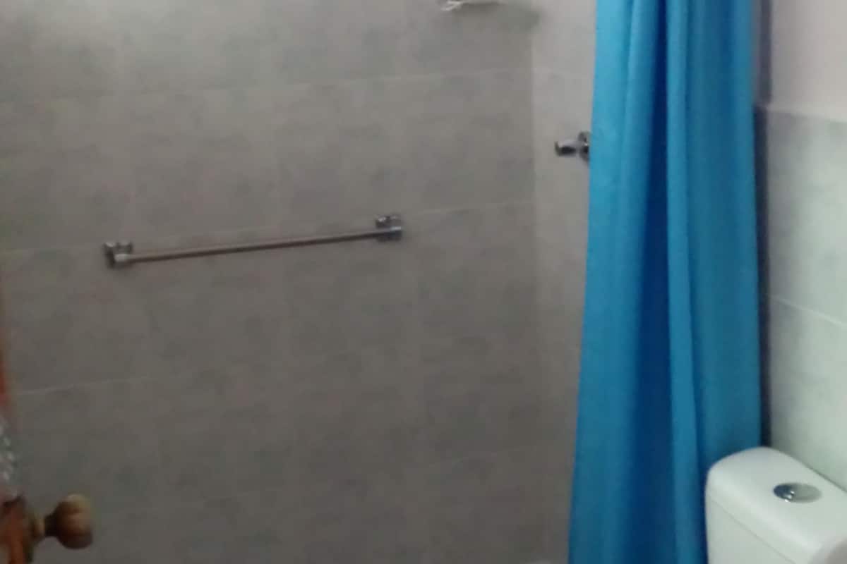 Shower, designer toiletries, hair dryer, towels