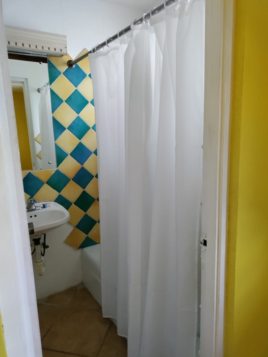 A bathroom with a white sink, a mirror, and a shower curtain.