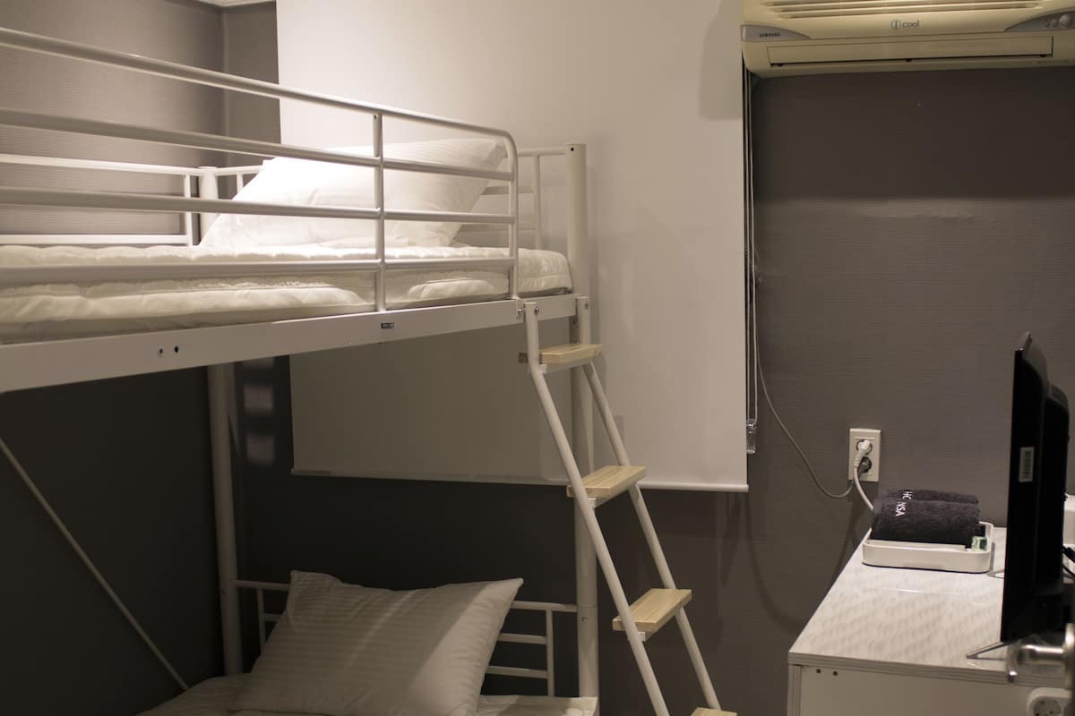 Une chambre d’hôtel compacte équipée de lits superposés, d’un bureau, d’un ordinateur et d’un écran de projection.