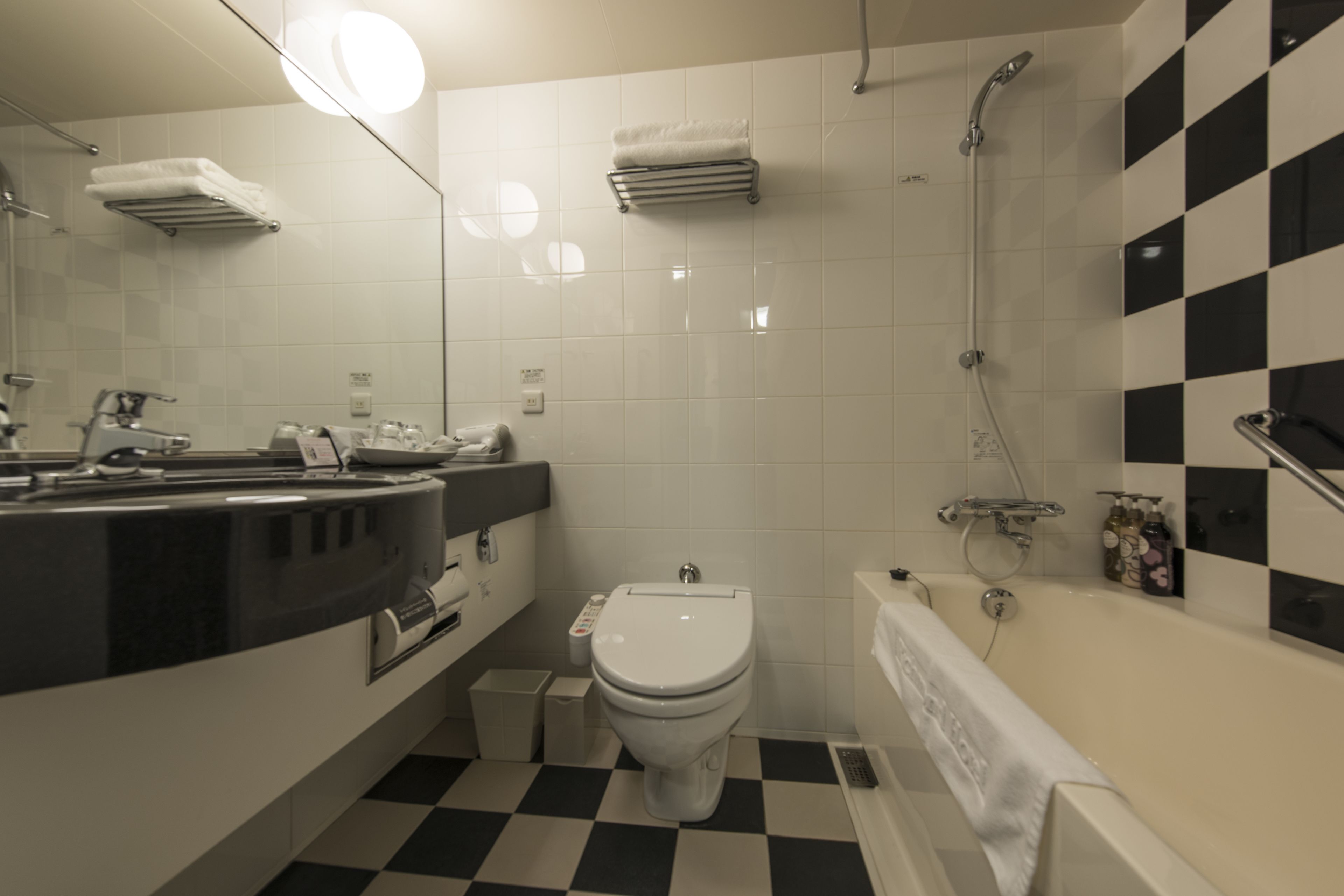 combined shower/bathtub, free toiletries, hair dryer, slippers