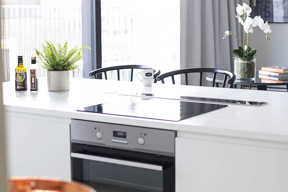 full-sized fridge, microwave, oven, stovetop