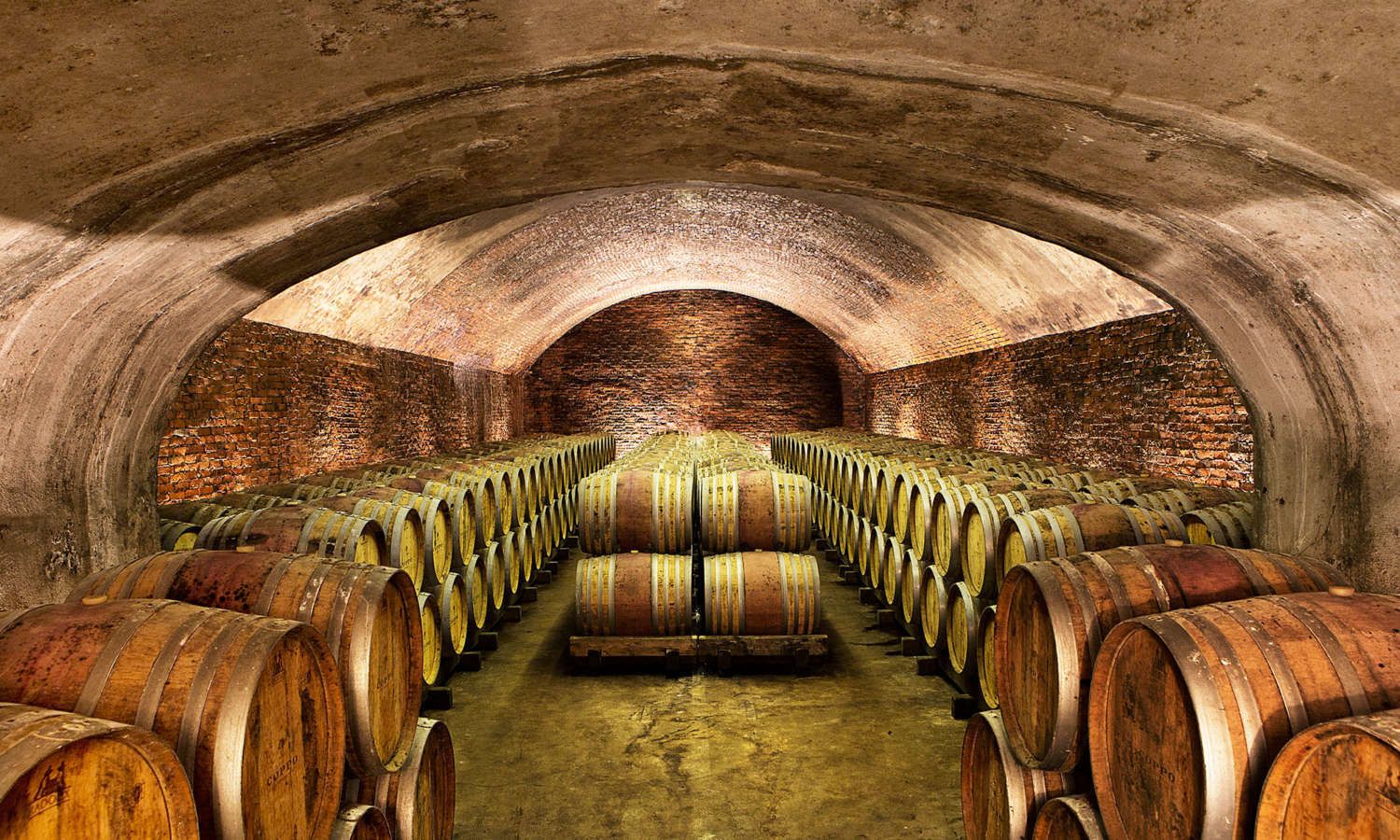 A wine cellar with rows of wooden barrels.