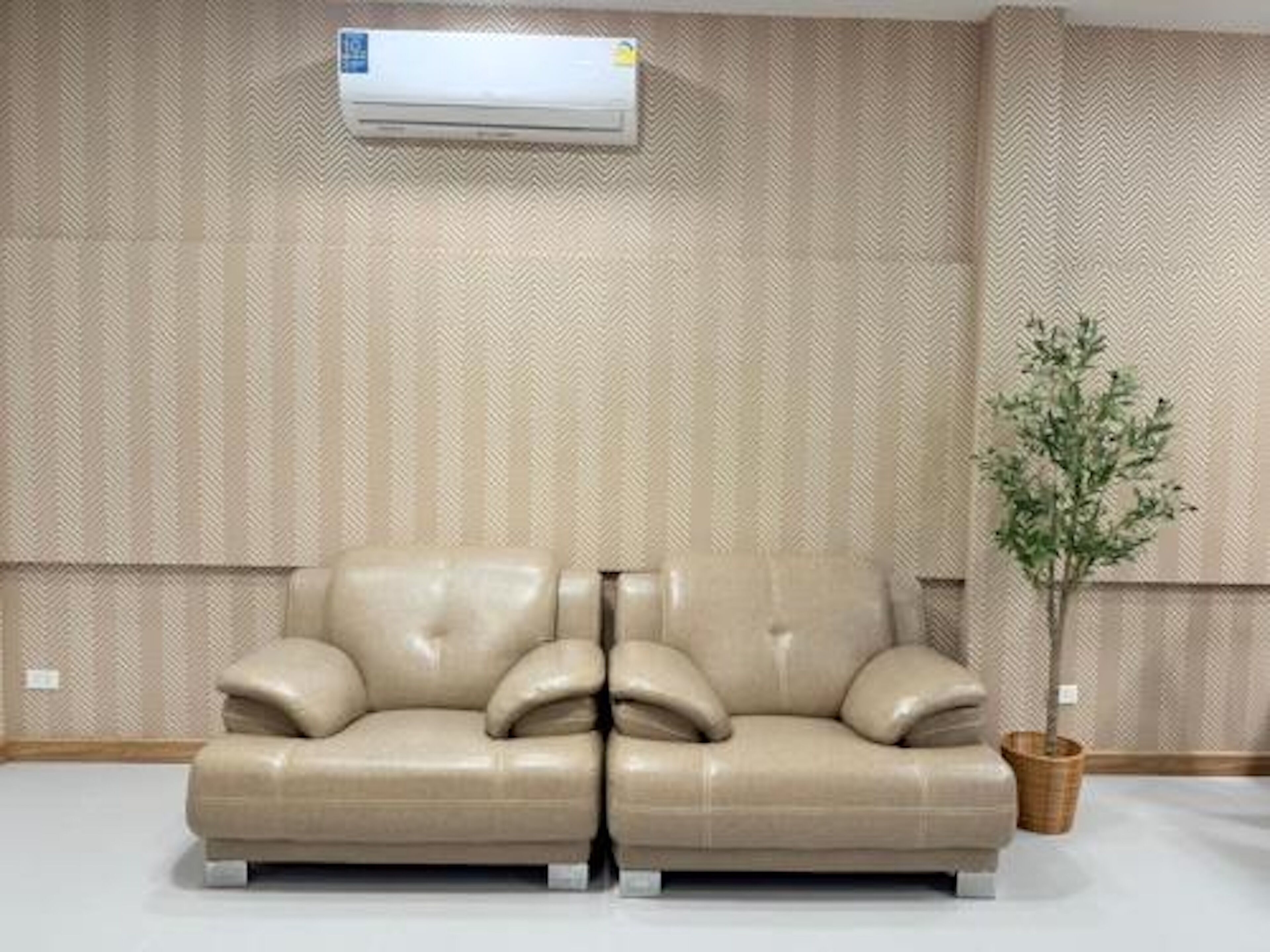 A beige sofa with a split backrest, a potted plant, and an air conditioning unit on the wall.