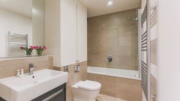 Combined shower/tub, hair dryer