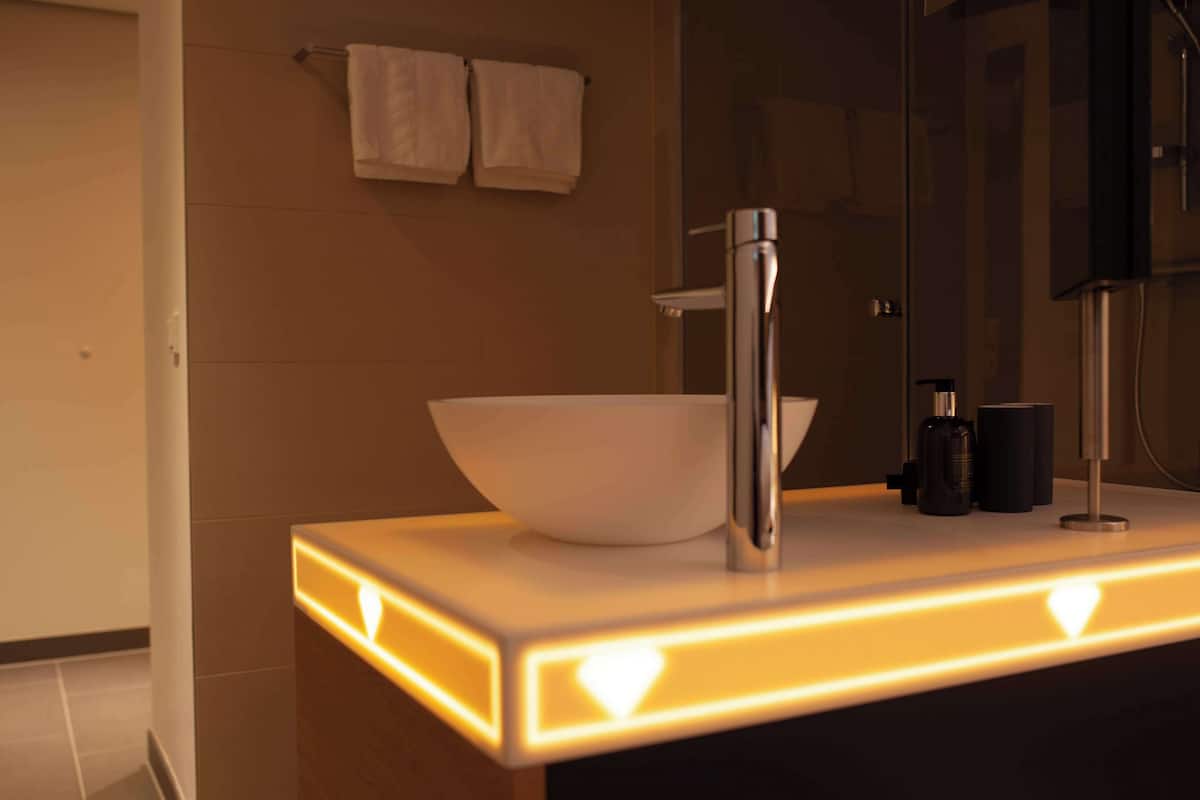 Douche, articles de toilette (gratuits), séchoir à cheveux