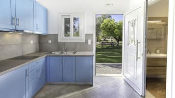 Una cocina moderna con armarios azules, un ventanal y vistas a un parque.