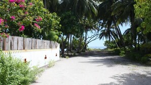 Un sendero que lleva a una playa con palmeras y una valla de madera.