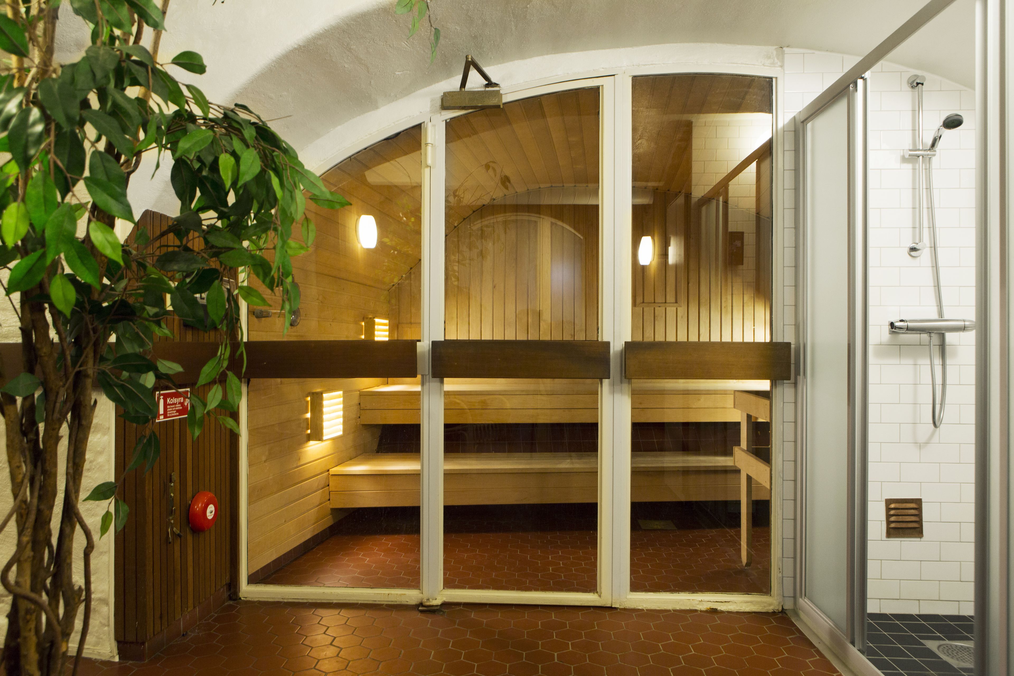 En sauna med træbænke, glasdør og bruseniche.