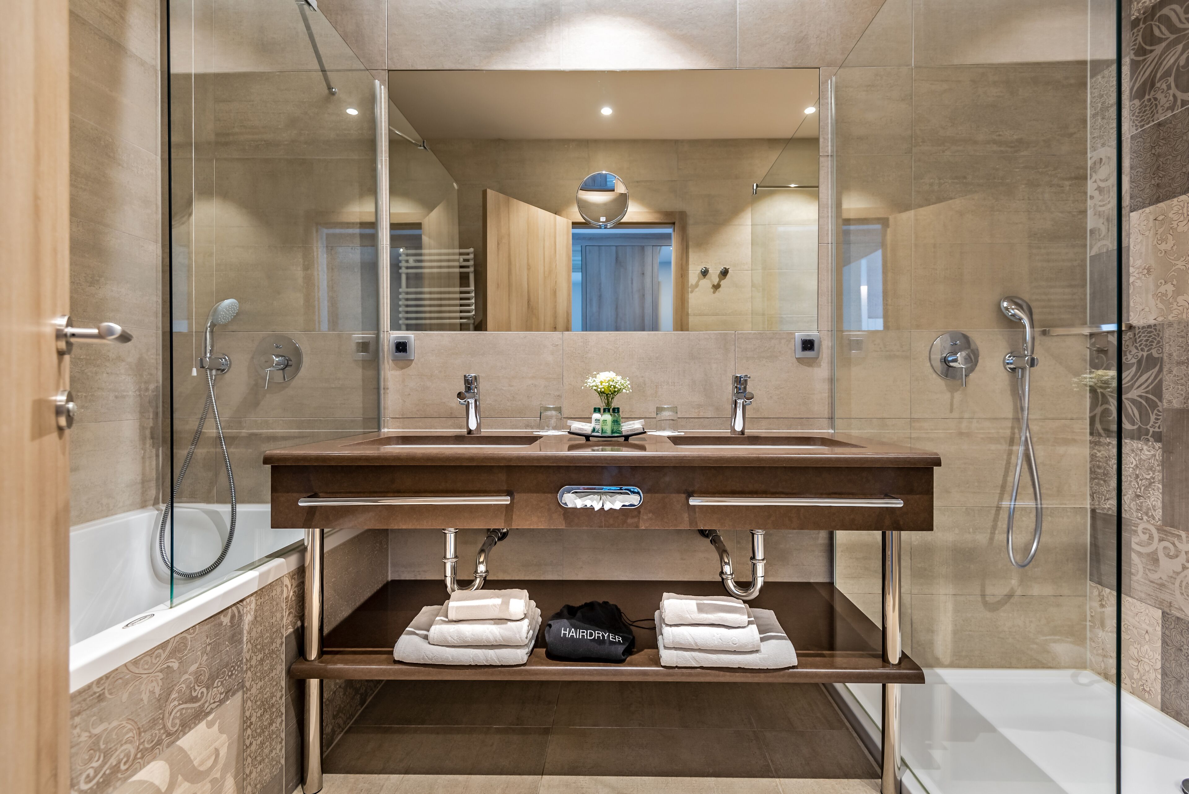 separate bathtub and shower, free toiletries, hair dryer, bathrobes