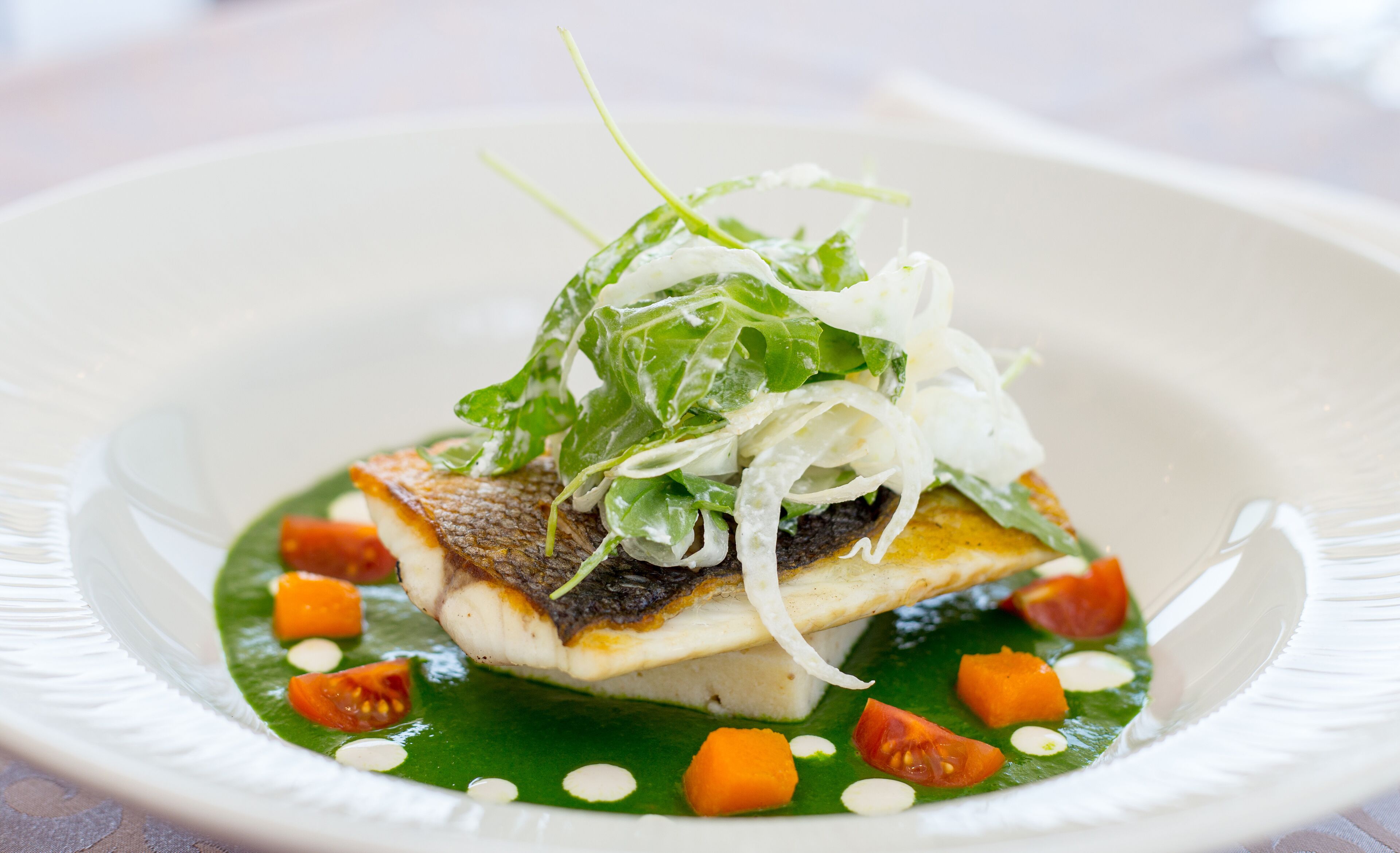 Un plato con pescado, verduras de hoja y vegetales.