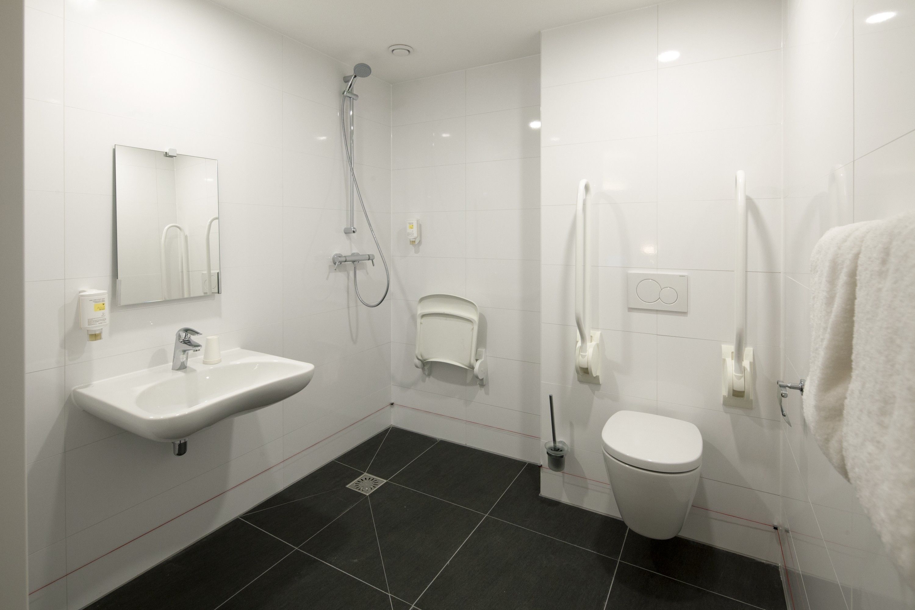 A modern bathroom with a sink, toilet, and shower.