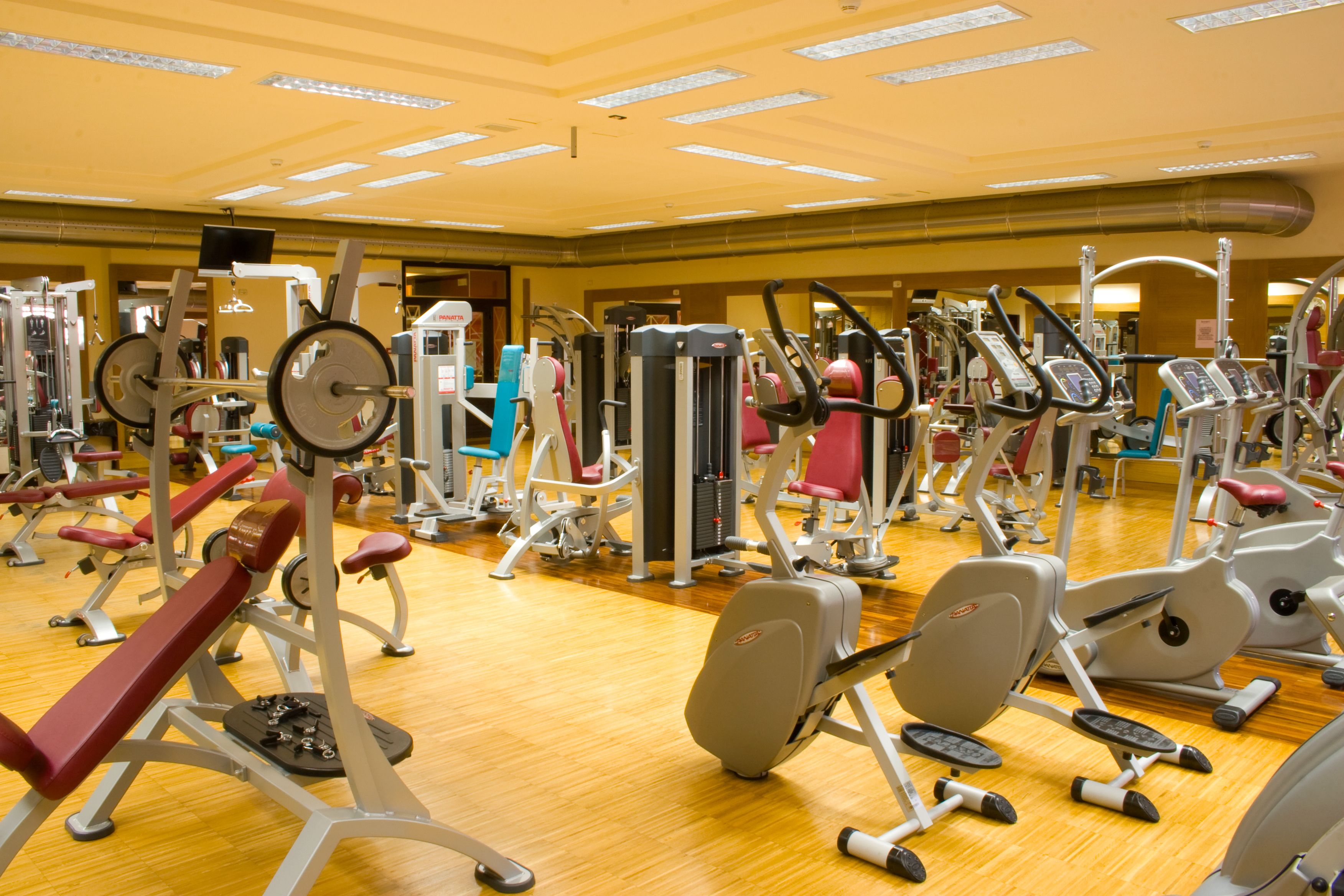 A gym with various exercise machines and equipment.