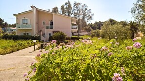 A two-story building with a balcony, surrounded by lush greenery and pink flowers. - Aloni Studios & Apartments (Kefalonia)