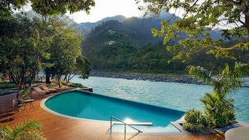 Outdoor pool, pool umbrellas, pool loungers