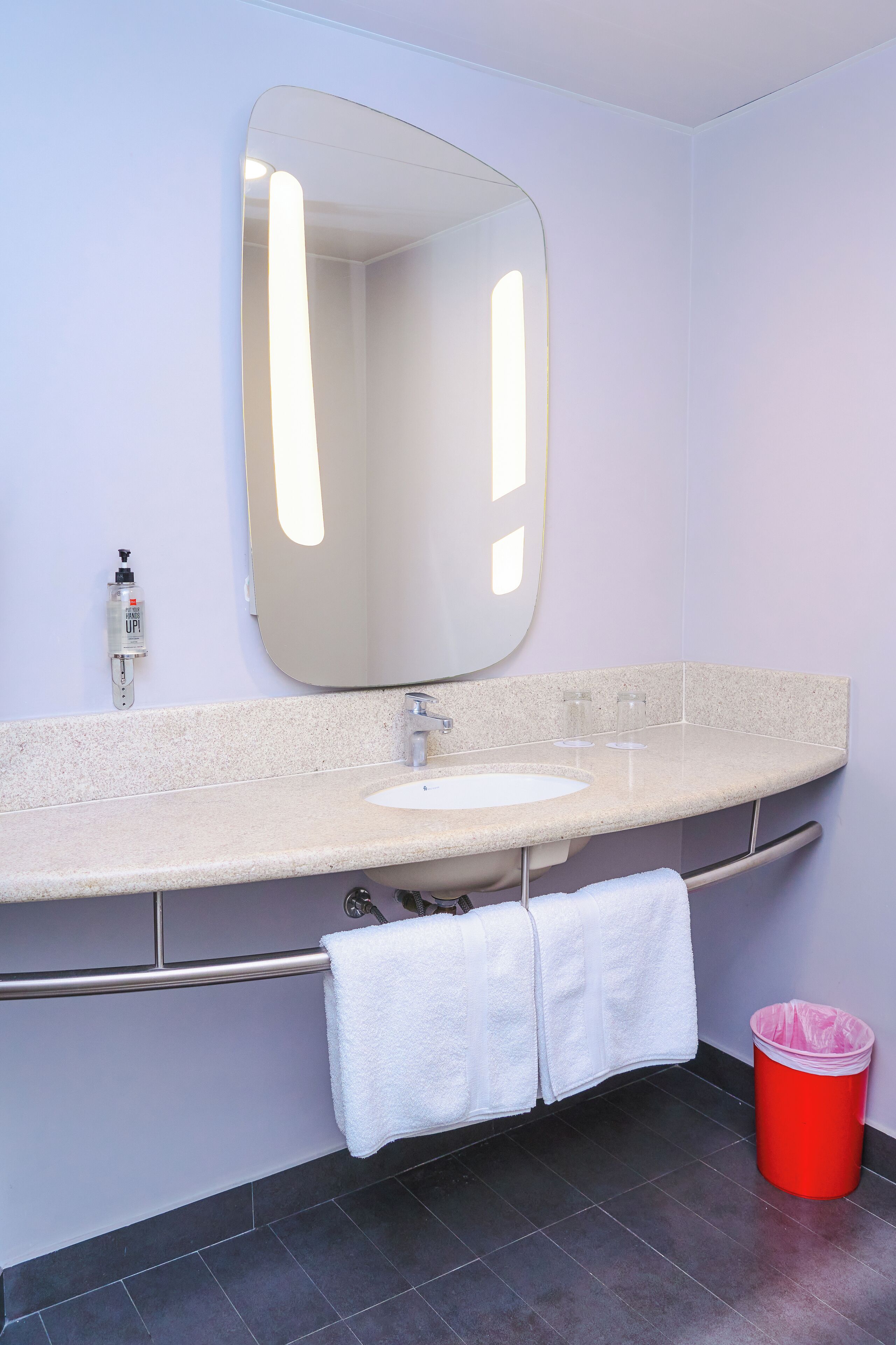 Un baño con lavamanos, espejo, toallero y cubo de basura.
